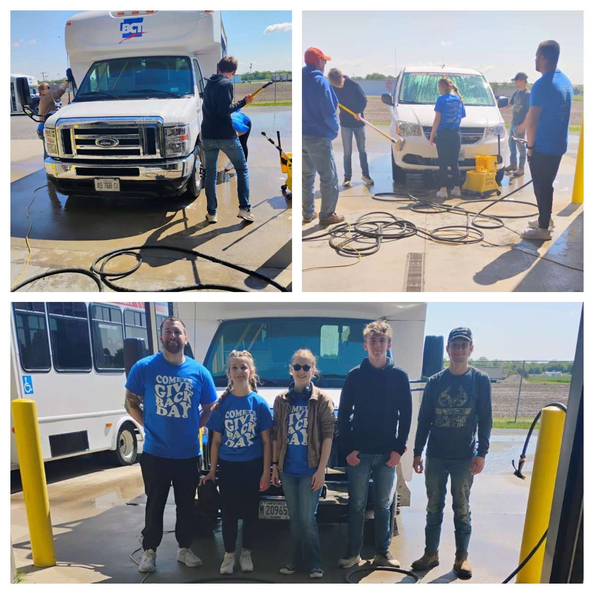 A group of young people wash a van and a car outdoors on a sunny day. They wear casual clothes and blue Comet Give Back Day shirts, smiling and engaged.